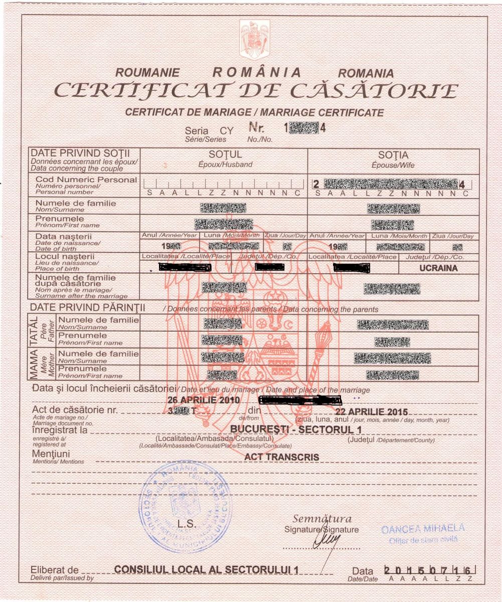 Certificat de căsătorie Romania
